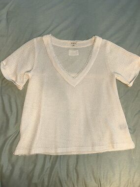 POL Cream Textured V-Neck Short Sleeve Top